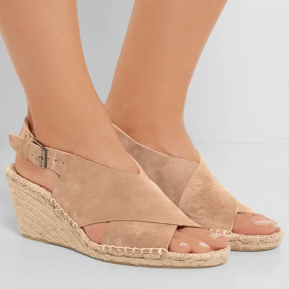 Vince Sabrina Suede Beige Tan Espadrille Wedge Sandals Crisscross Size 9